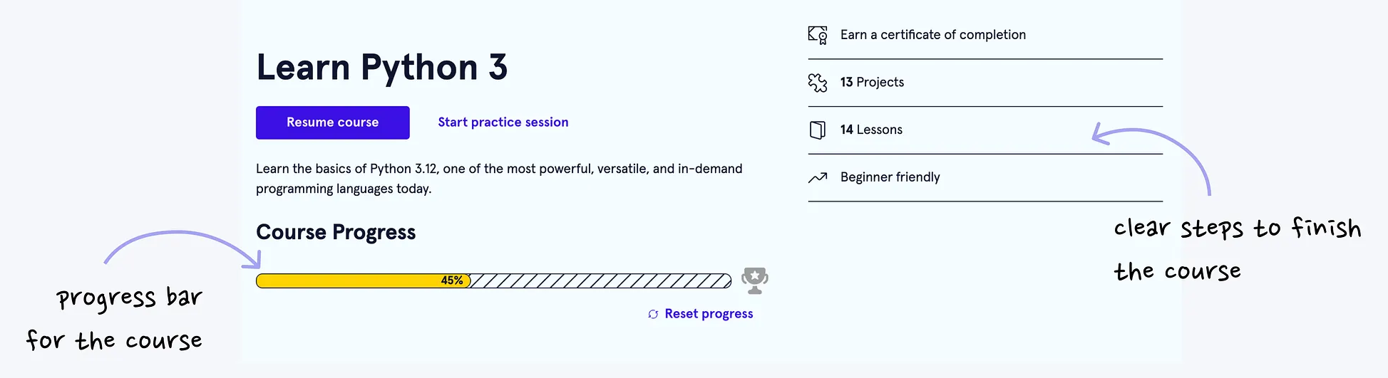 Codecademy course overview showing a 45% progress bar and clear course completion steps