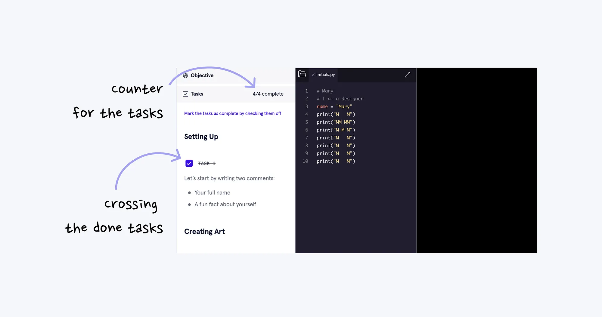 Codecademy coding workspace showing a task completion counter and crossed-off task