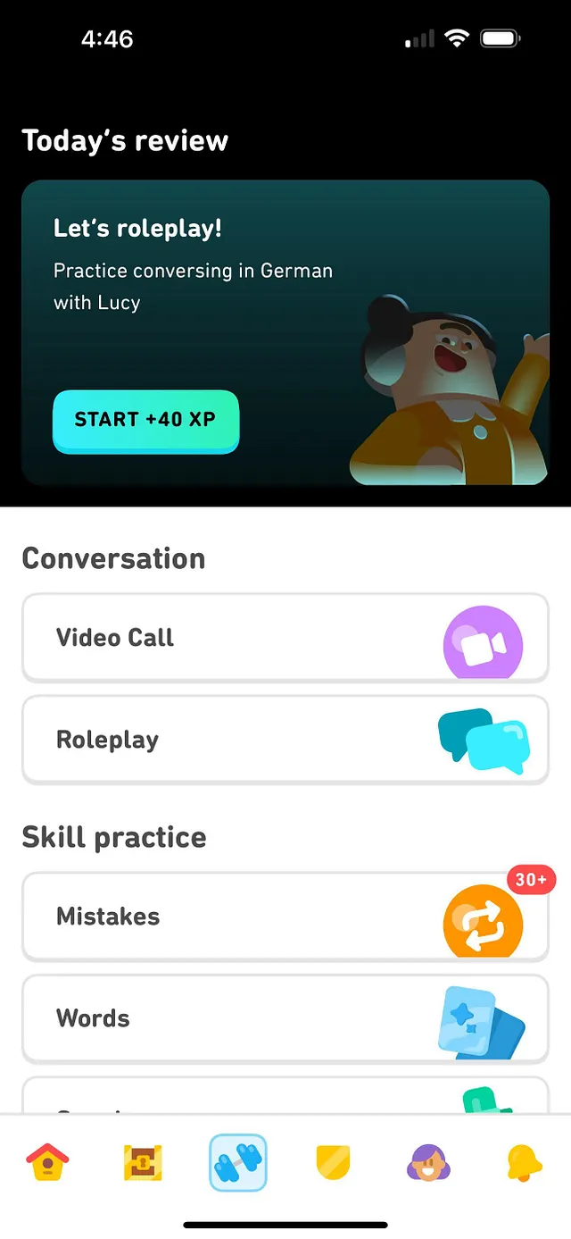 Duolingo conversation hub offering Video Call and Roleplay practice alongside skill practice