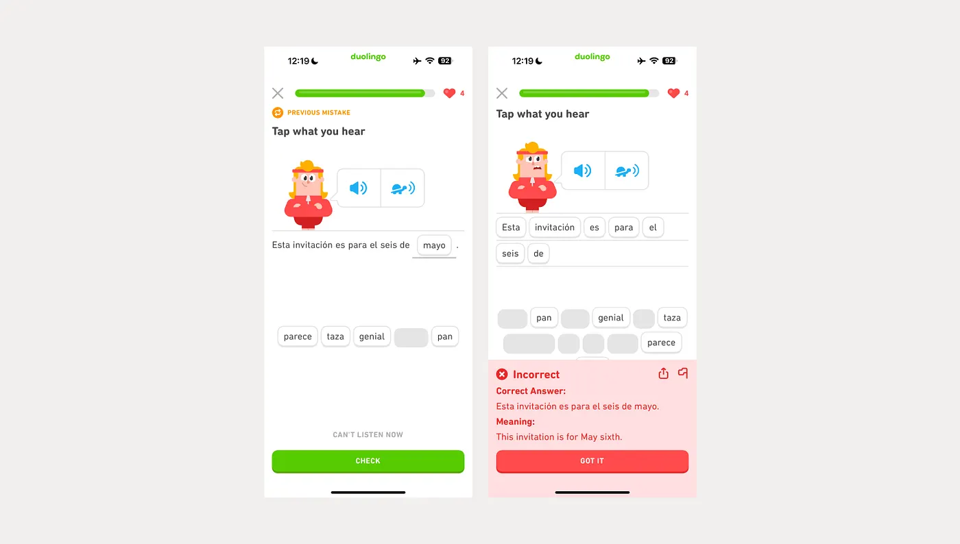 Duolingo error correction and answer explanation screen