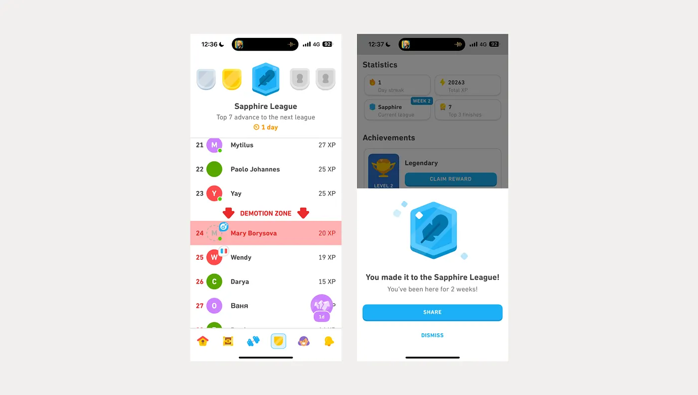Duolingo weekly league standing showing the next promotion tier and its reward