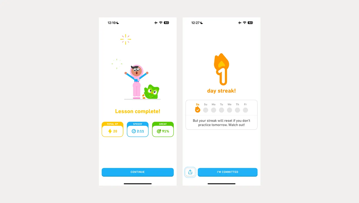 Duolingo lesson completion celebration and streak counter