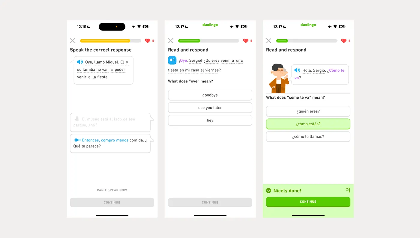 The first onboarding step is a real lesson exercise with instant feedback, not a setup form