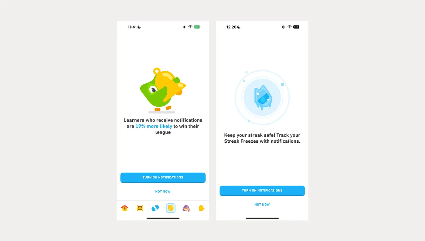 Duolingo notification prompts tied to league and streak freeze motivation