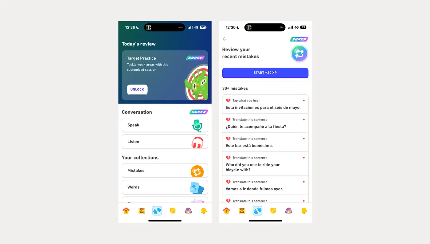 Duolingo practice review and recent mistakes screens