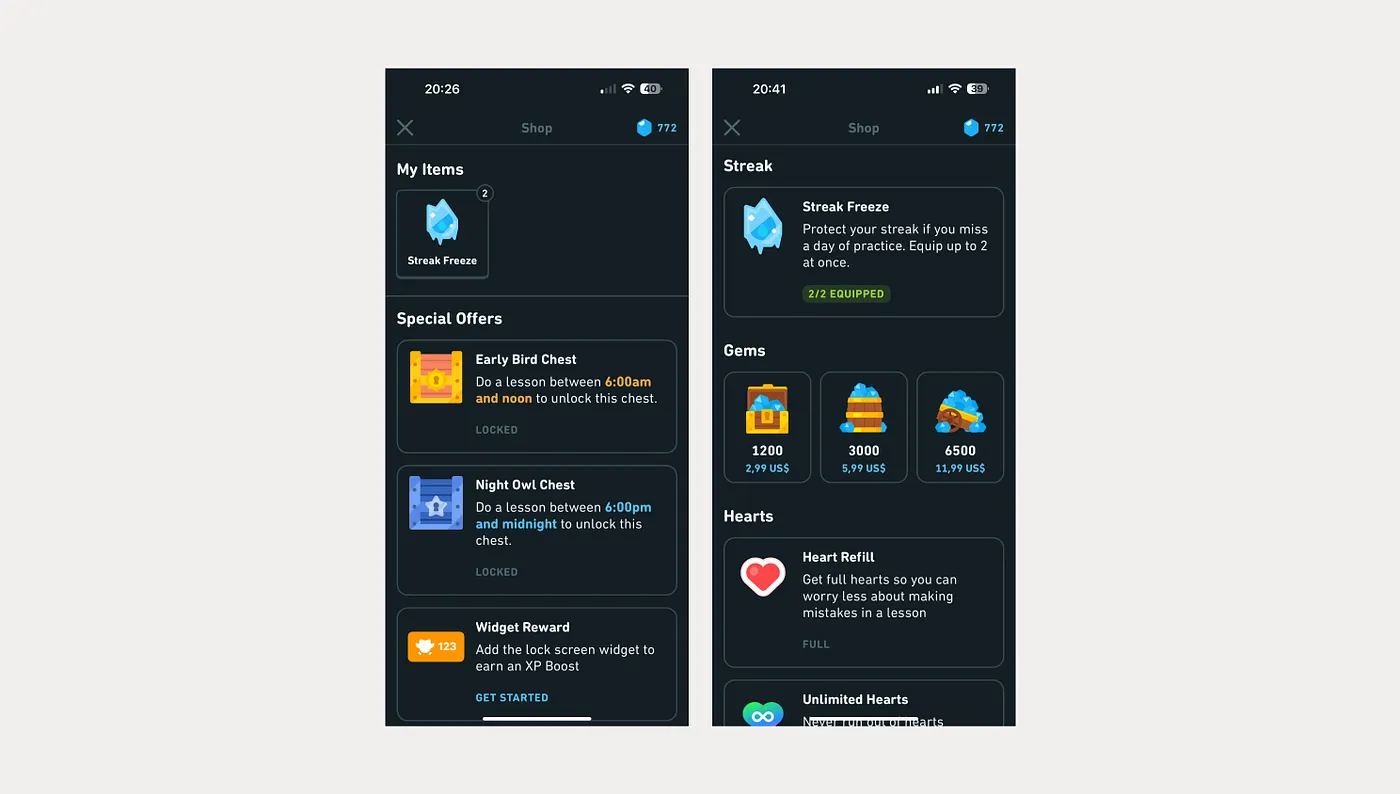 Duolingo shop with streak freeze and gem economy