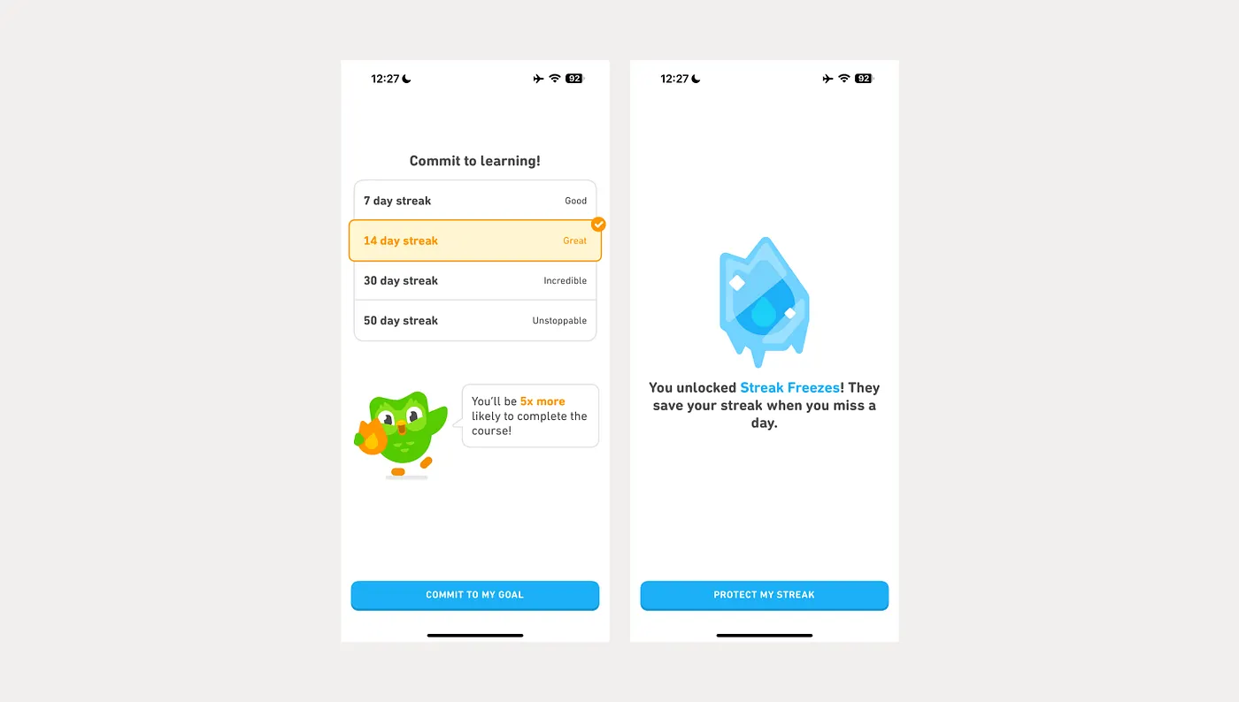 Duolingo streak goal with the next milestone to reach and a freeze to protect progress