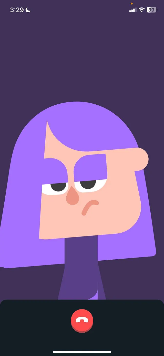 Duolingo AI video call in progress with the character Lily on screen