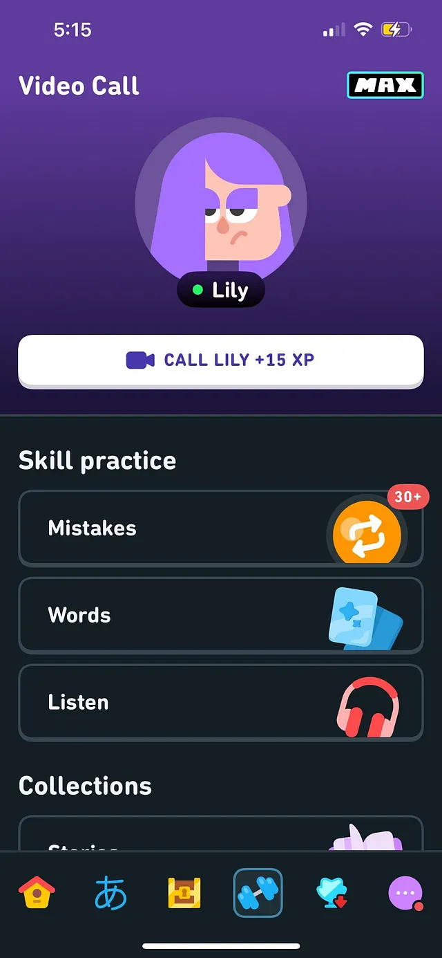 Duolingo Video Call screen inviting the learner to call the character Lily for XP