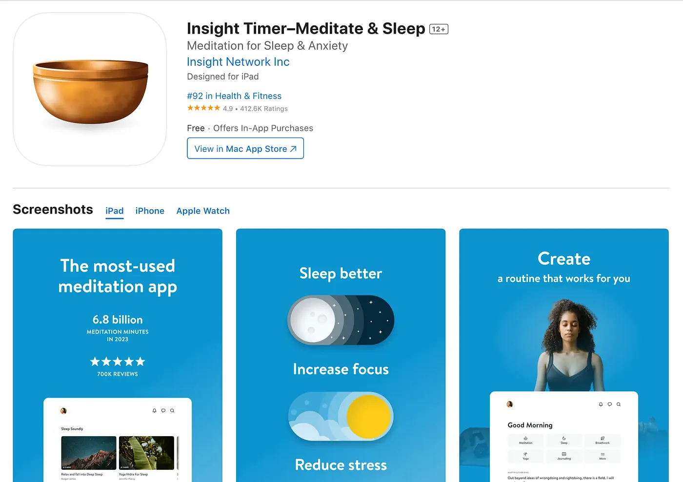 Insight Timer App Store listing marked Free with in-app purchases and a 4.9 rating from 412K reviews