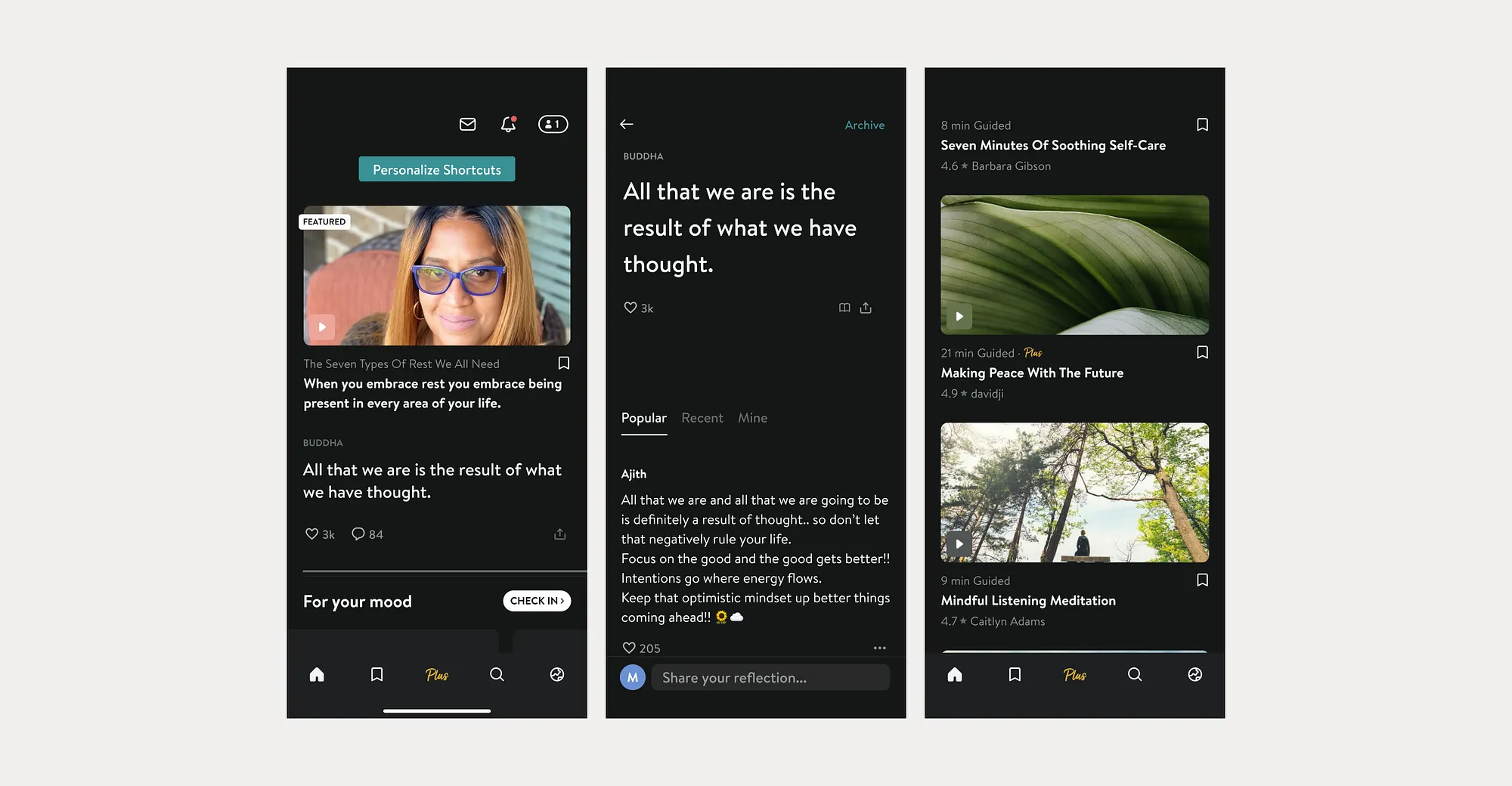 Insight Timer home screen browsing free featured meditations with the Plus tab present but not forced