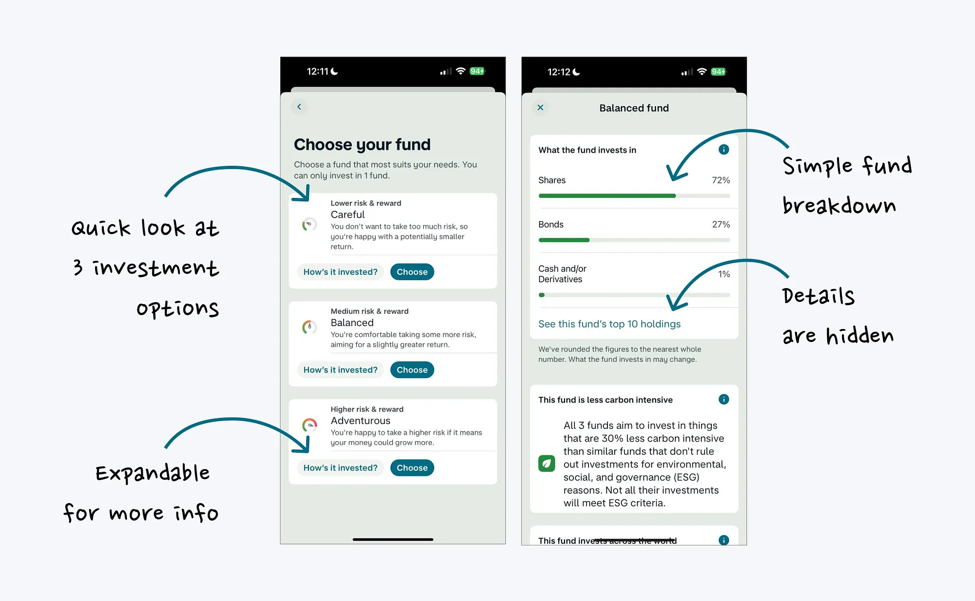 Monzo fund choice flow showing three risk options and an expandable fund breakdown