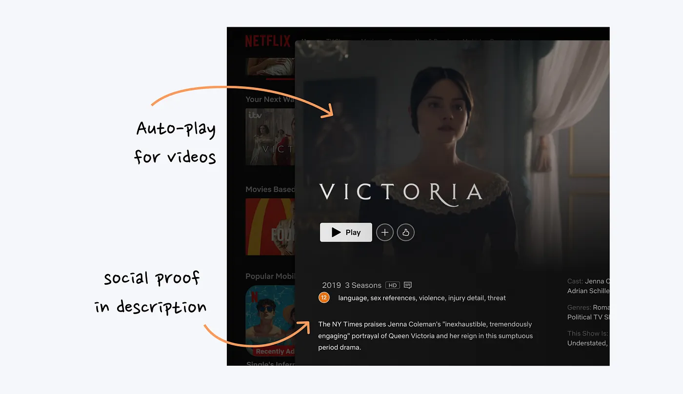 Netflix title preview with autoplay, play action, save action, and social proof in the description