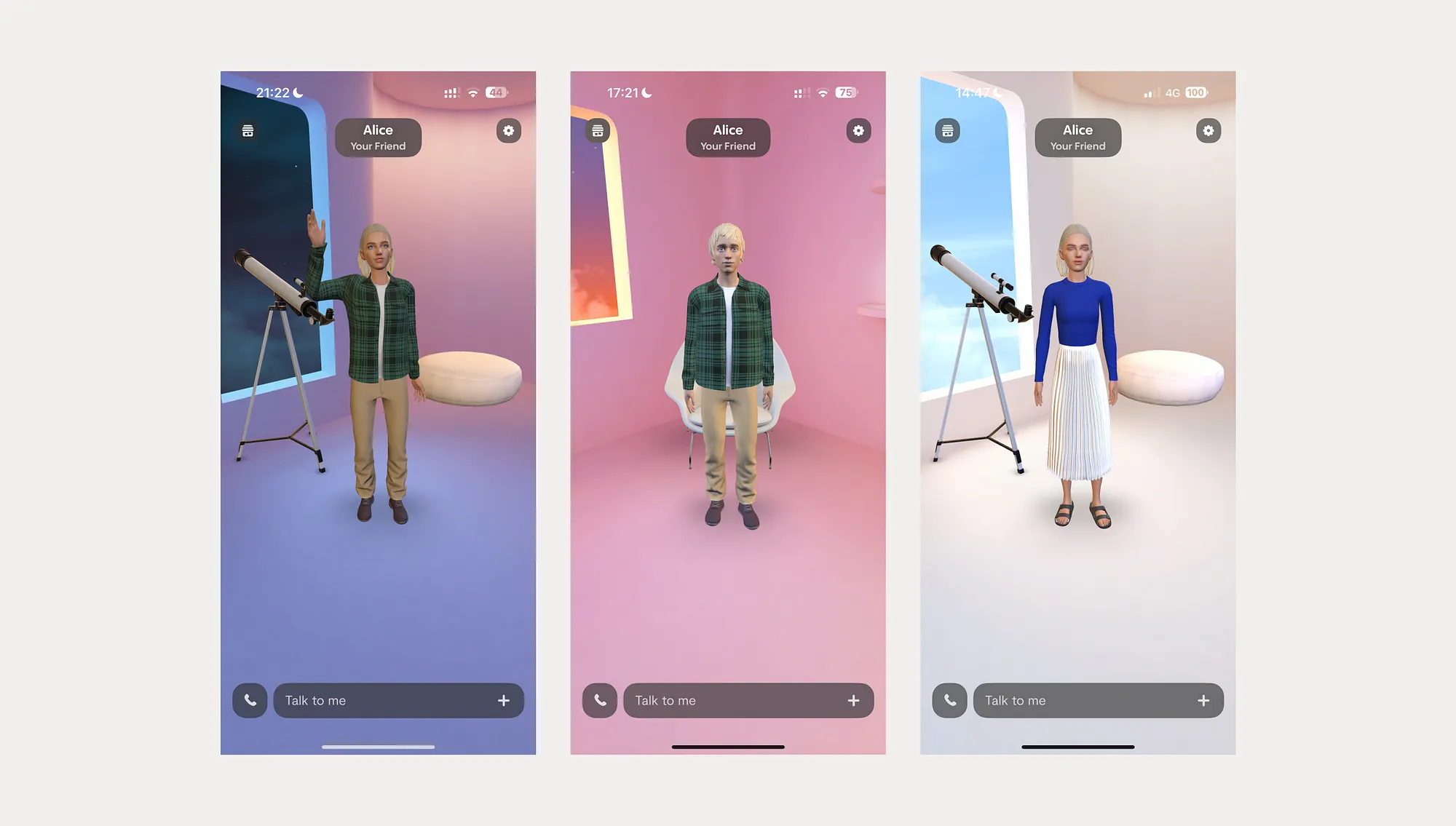 Replika avatar and room variants showing the customized companion across sessions