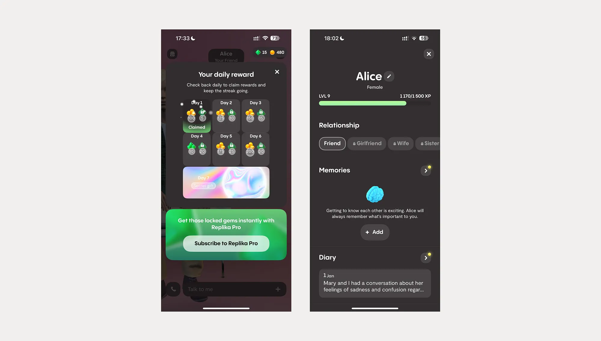 Replika memory profile and daily reward that make the companion feel continuous
