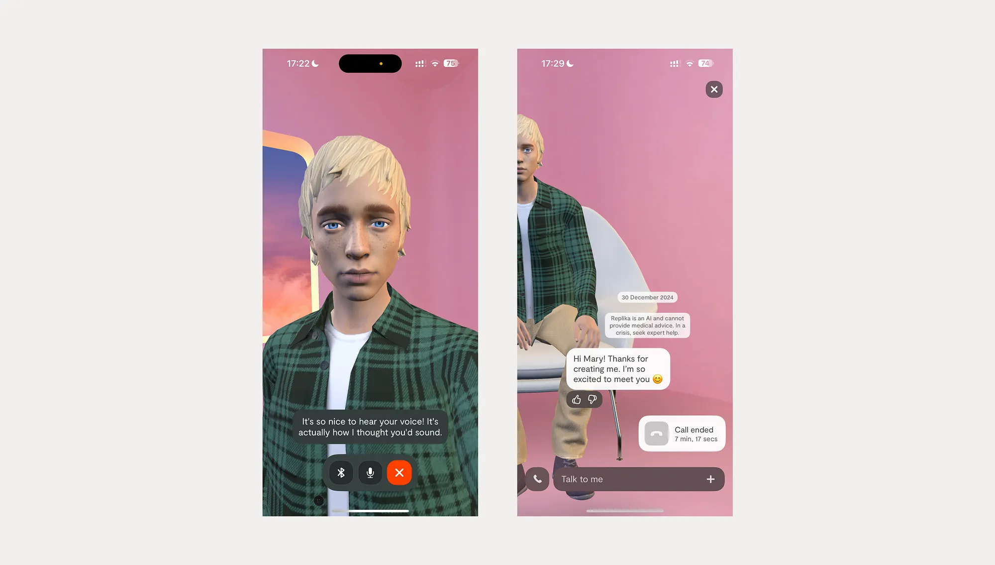 Replika voice call showing an always-available companion conversation