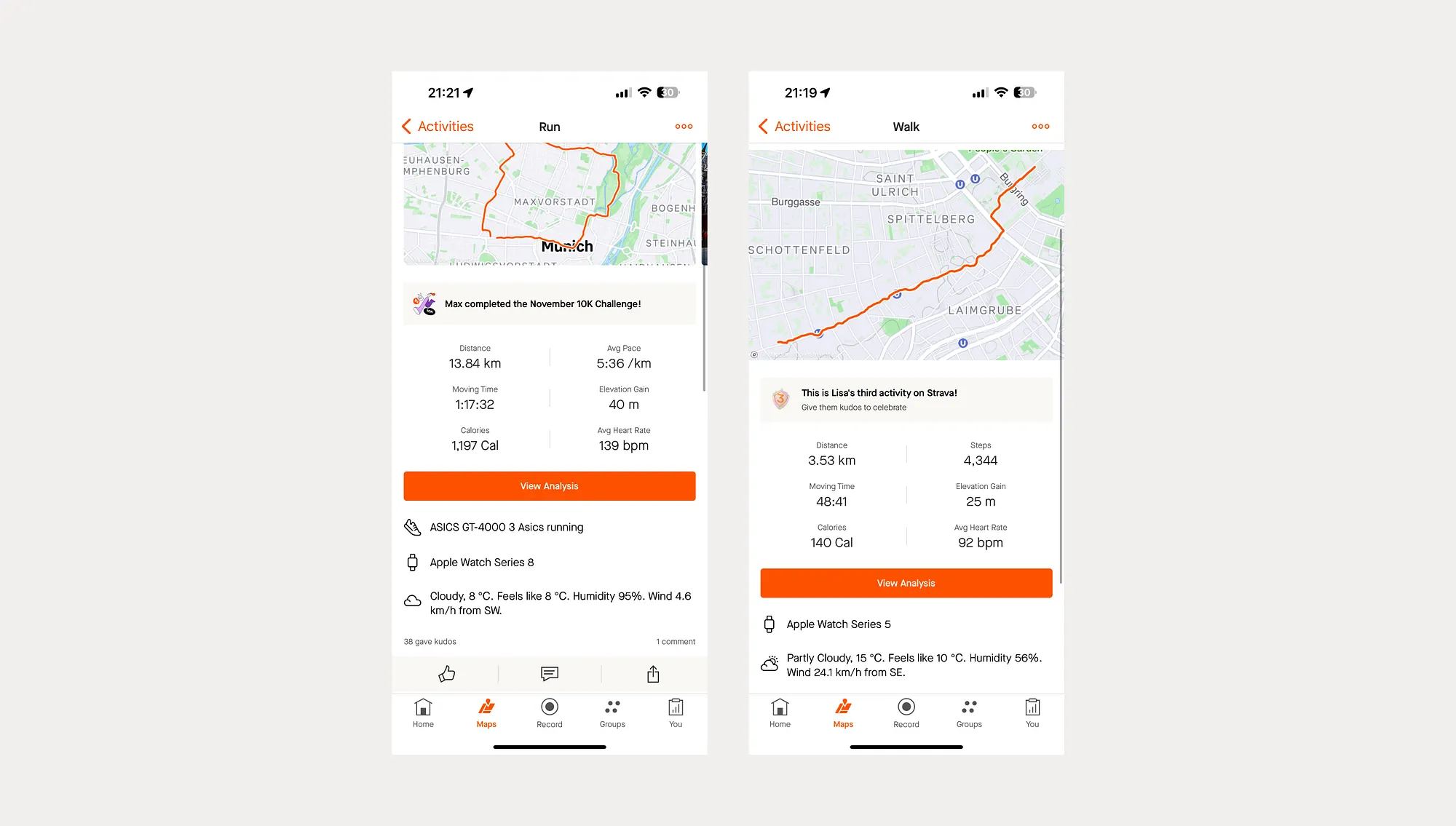 Strava activity detail screens showing social proof and analysis after an activity