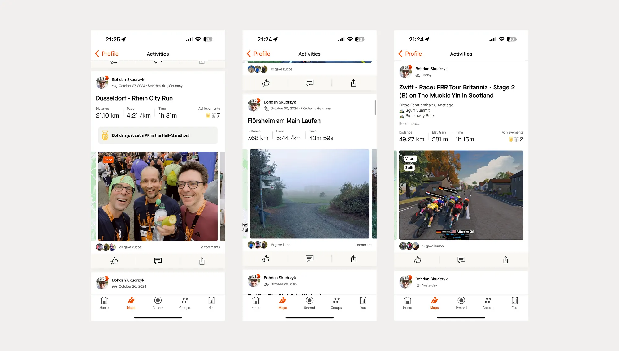 Strava feed examples showing personal records, races, and peer kudos