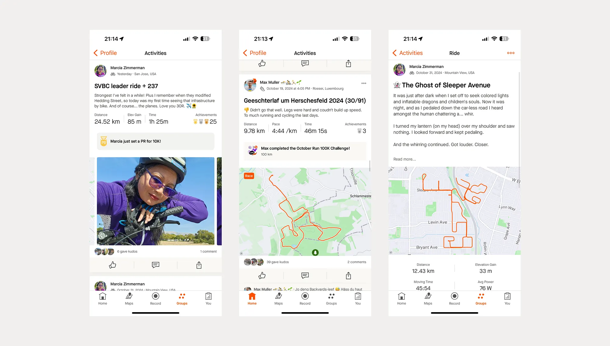 Strava feed examples showing activity stories, kudos, routes, and achievements