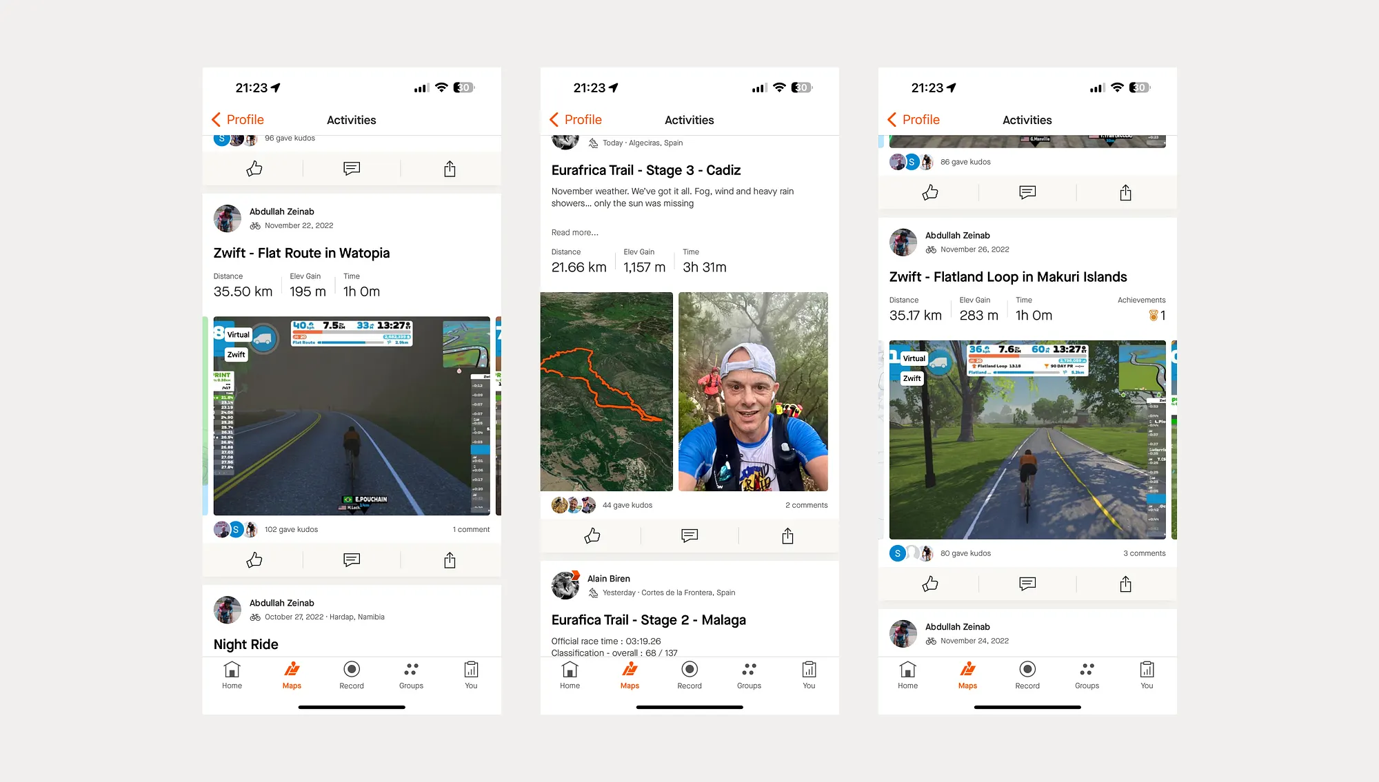 Strava feed examples mixing virtual training, trail runs, and social response