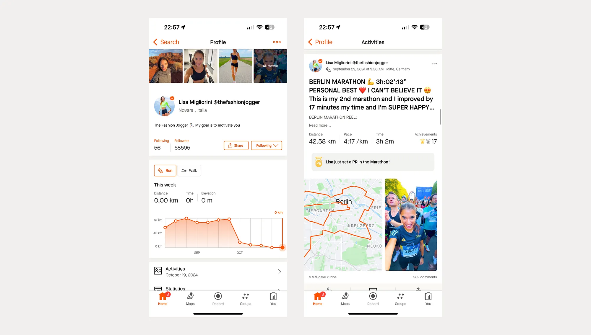 Strava athlete profile showing follower count, weekly activity, and proof of participation
