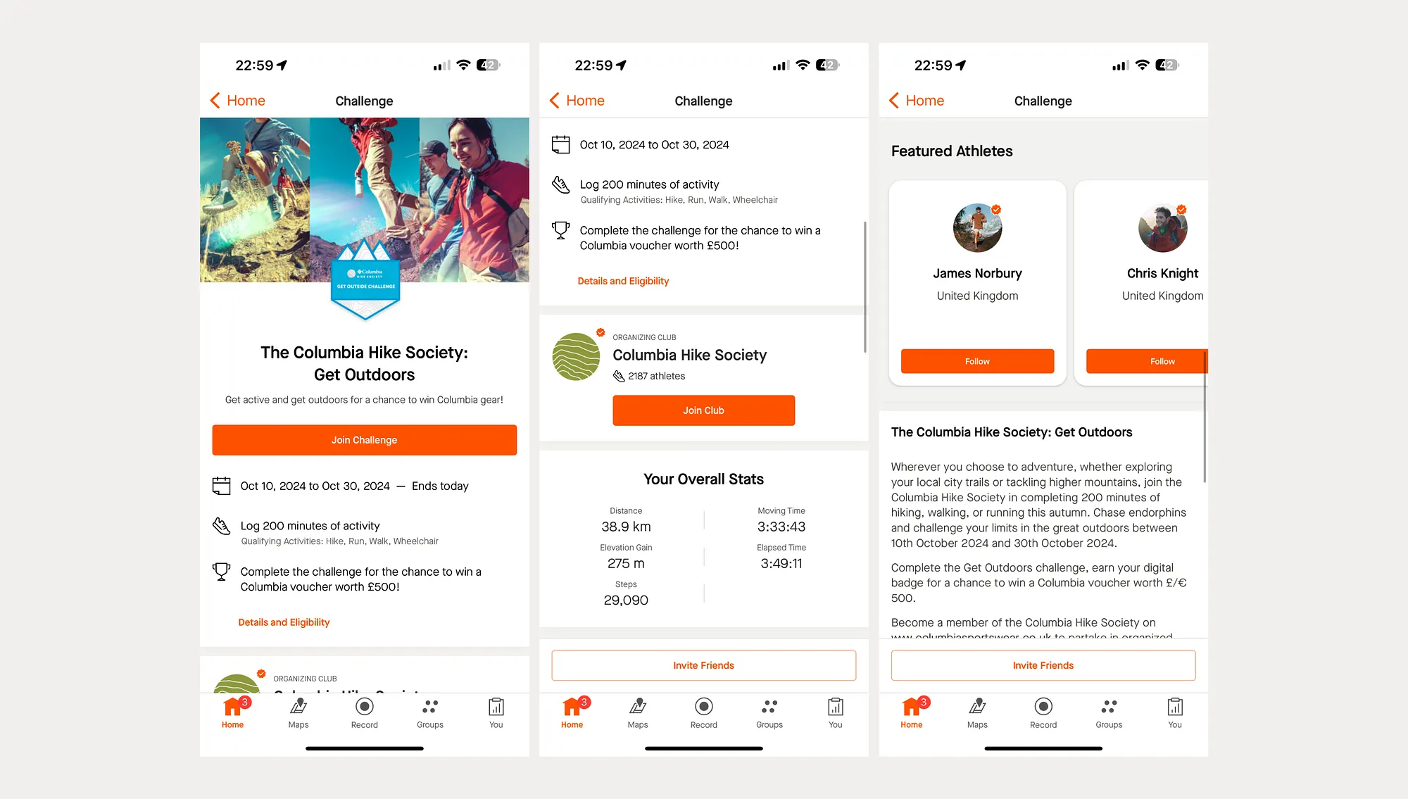 Strava branded challenge details showing organizer, stats, featured athletes, and eligibility