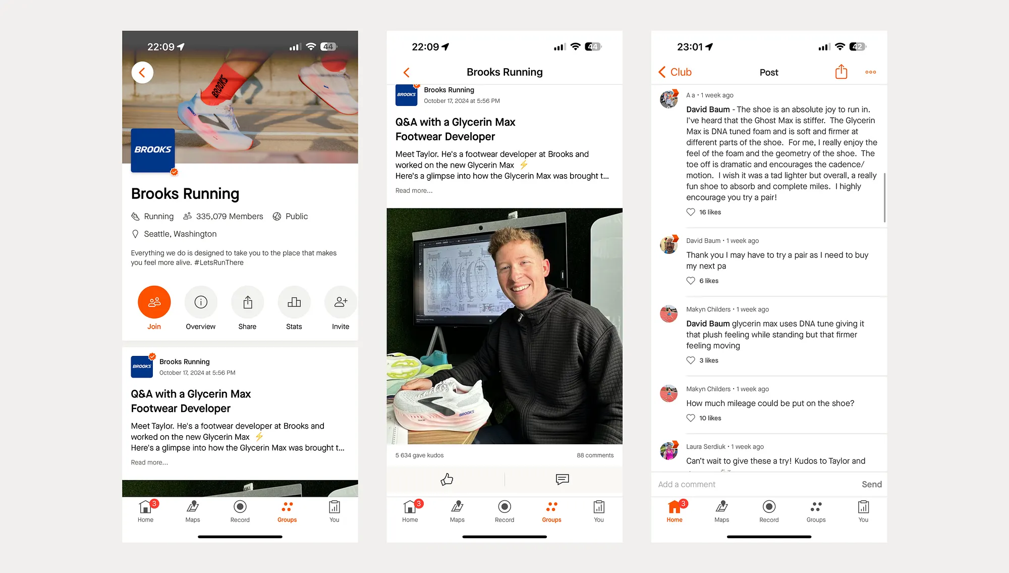 Strava brand club content showing product storytelling and community comments