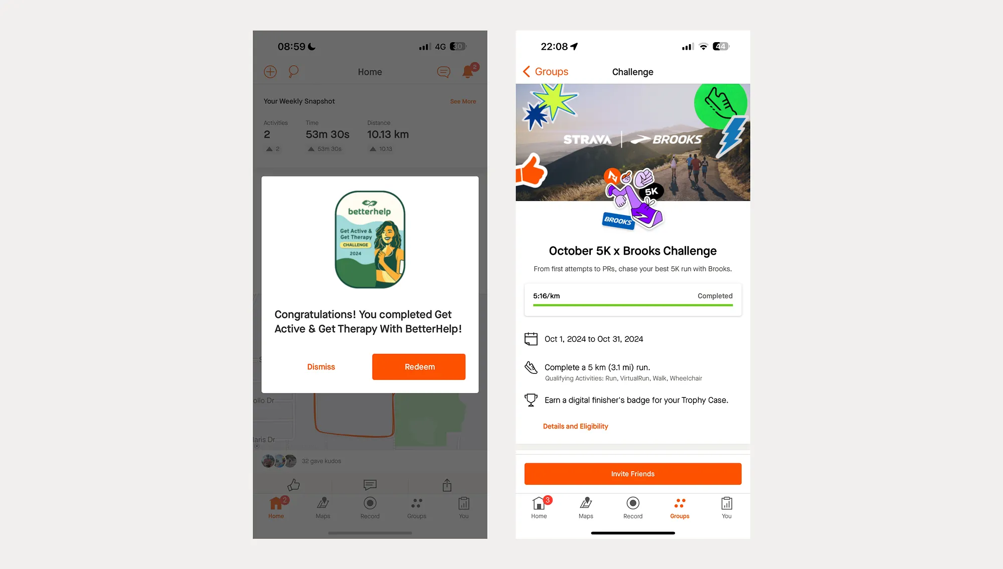 Strava challenge completion moment and branded 5K progress screen