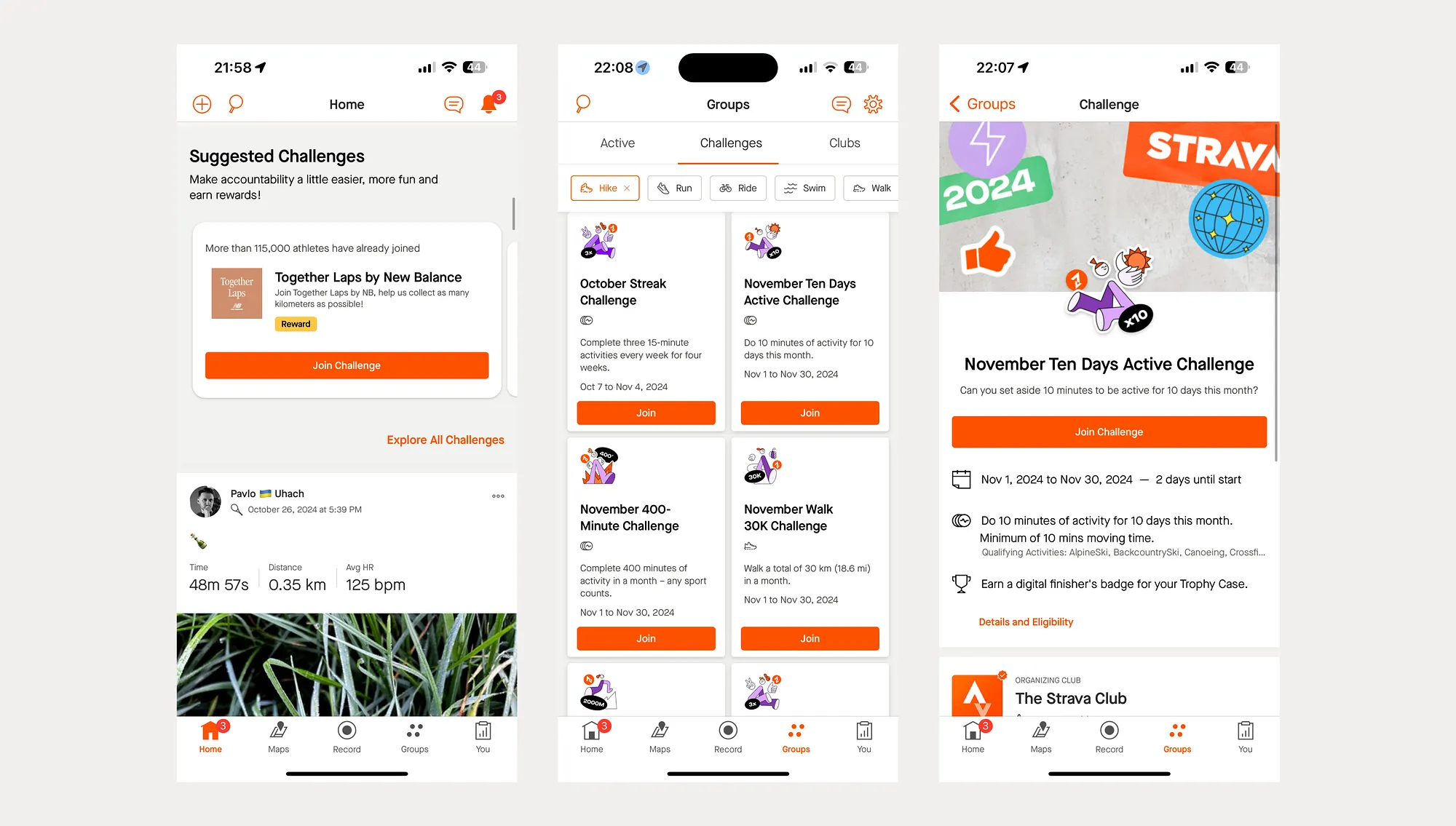 Strava suggested challenges, challenge grid, and challenge detail screens
