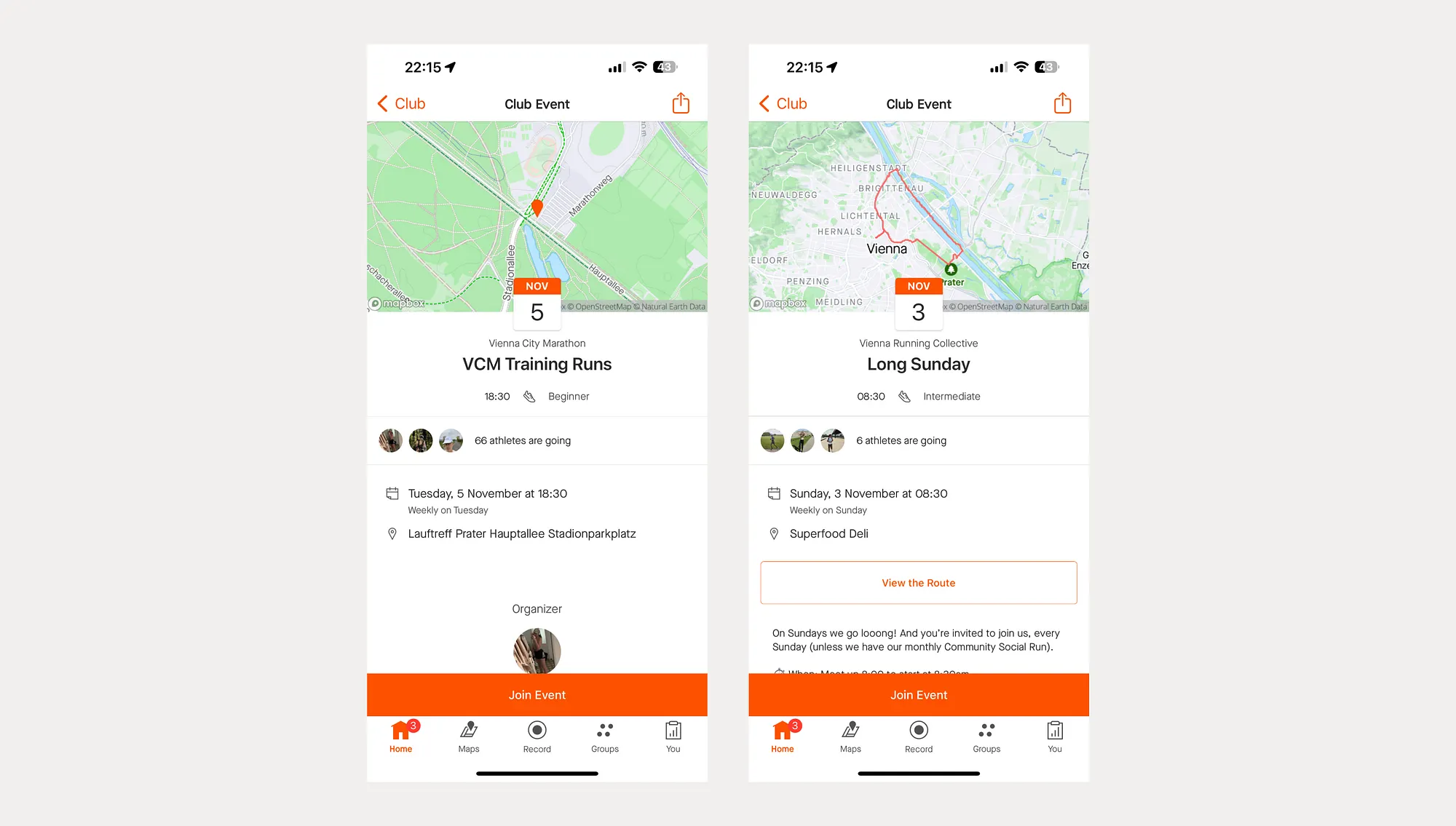 Strava club events with attendee counts and join event calls to action