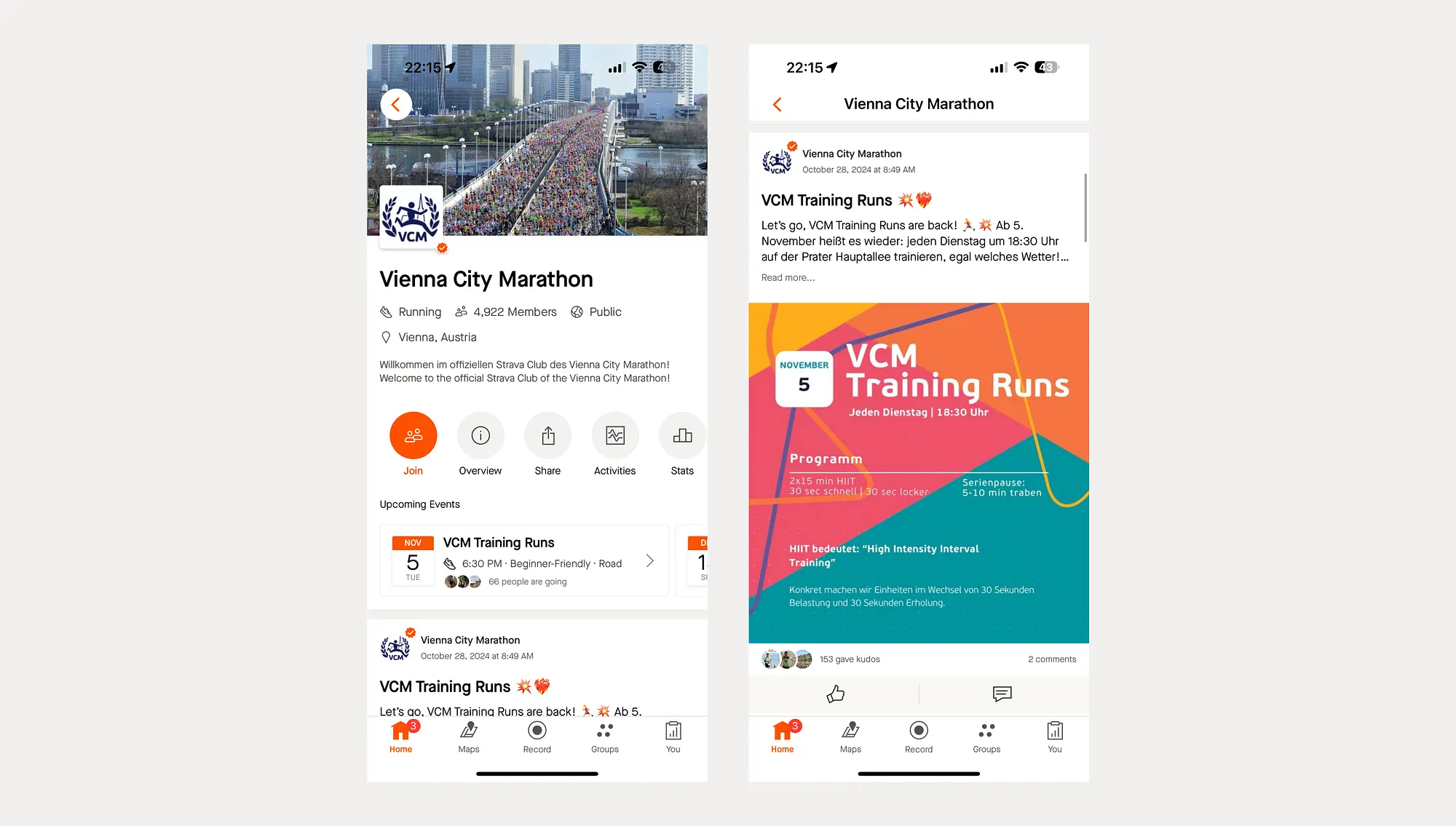 Strava marathon club page and event post with community response