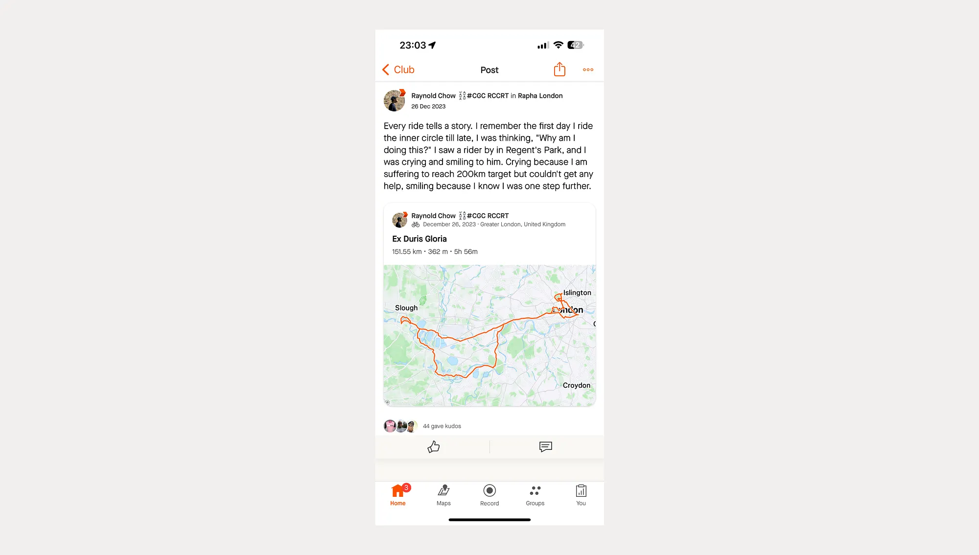 Strava club post that turns a ride into a personal story with route and kudos