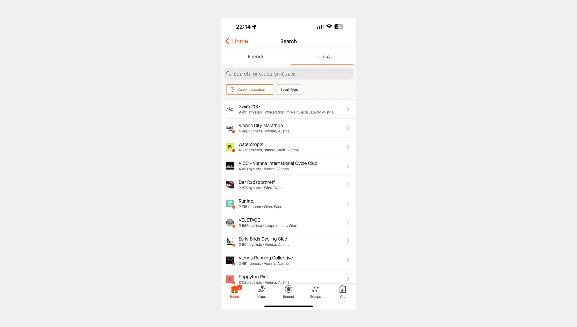 Strava club search and discovery interface filtered by location and sport type