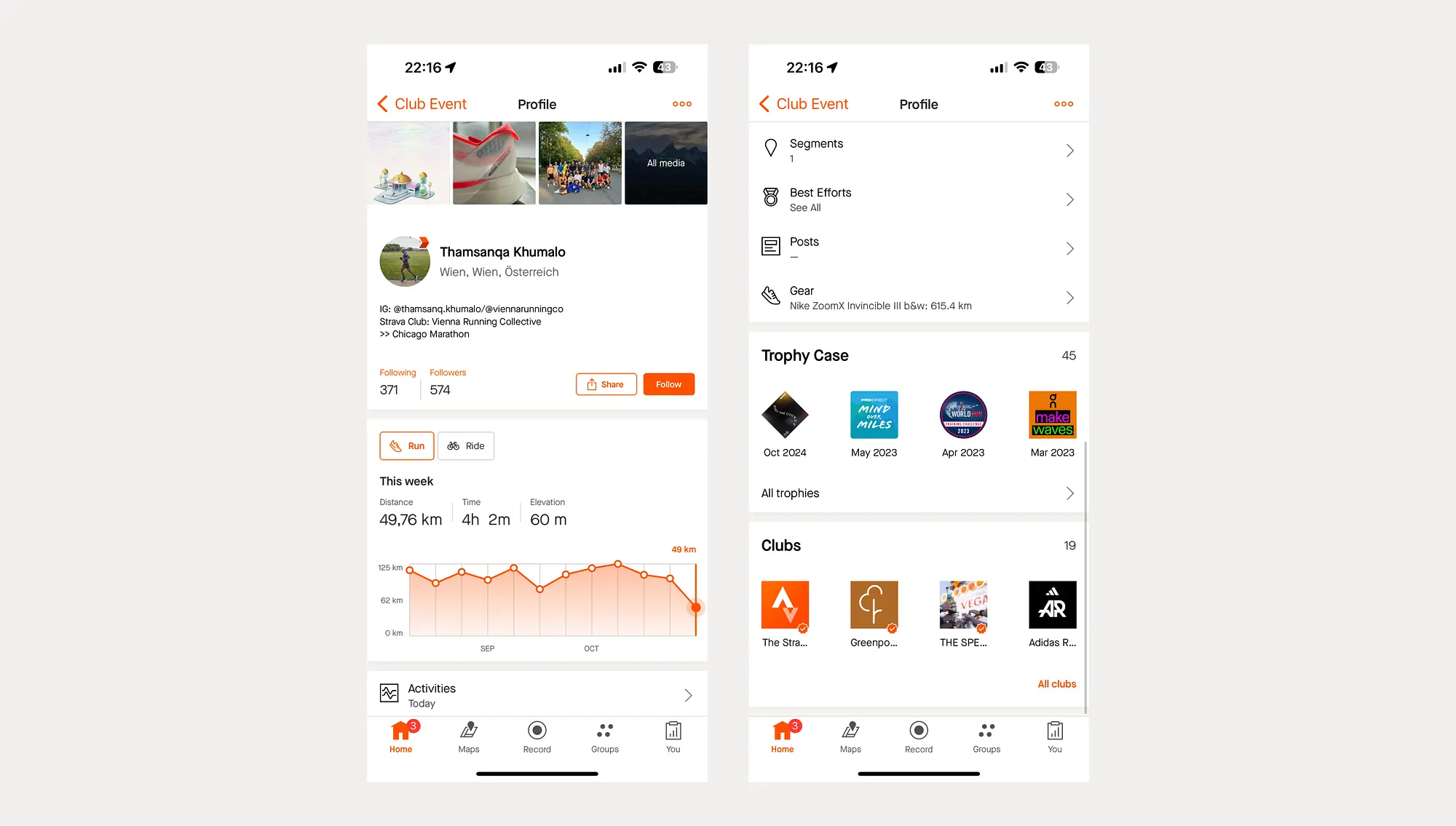Strava event participant profile with trophy case, club memberships, and gear details