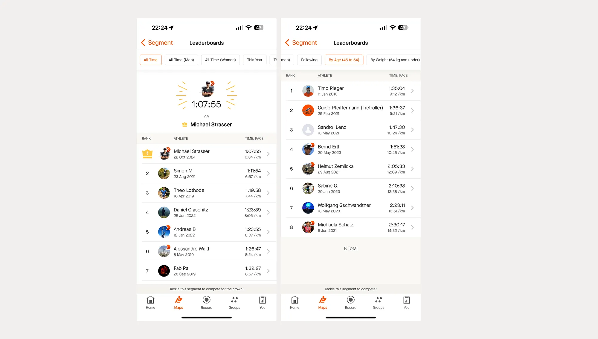 Strava segment leaderboards with all-time and filtered ranking views