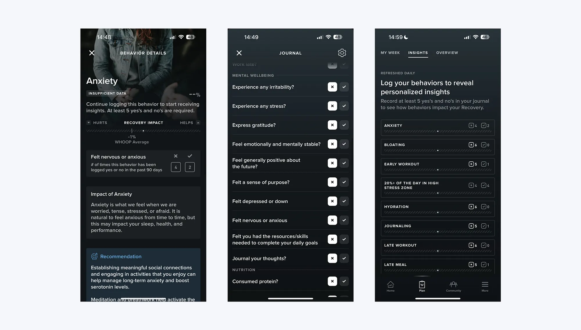 Whoop journal and behavior insight screens showing logged behaviors and personalized recommendations