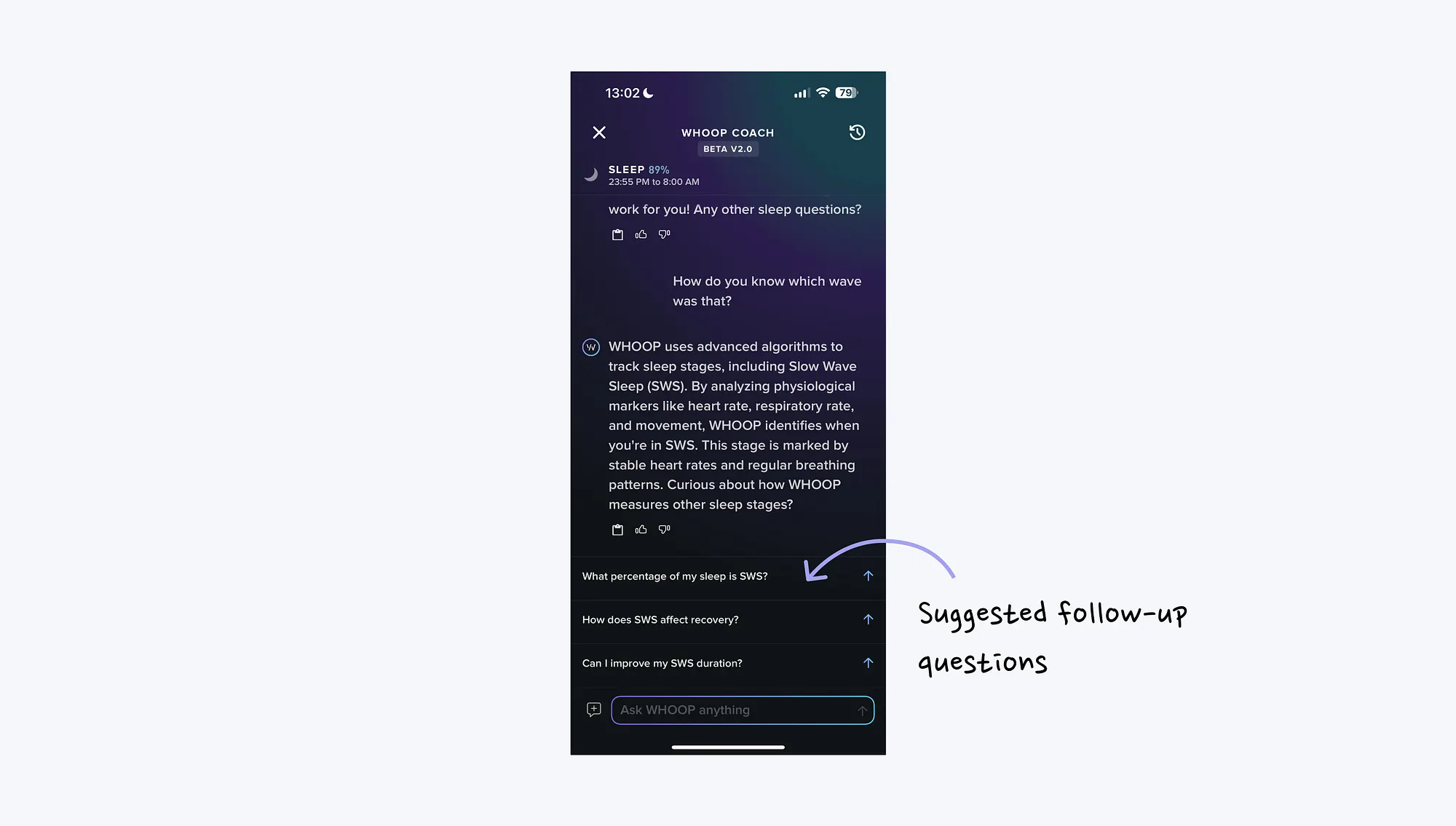 Whoop Coach chat screen showing suggested follow-up questions