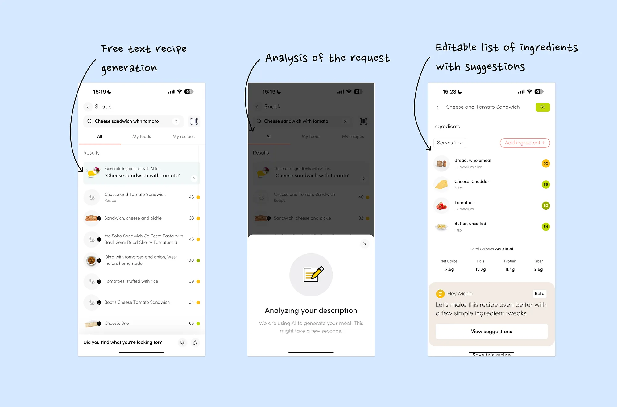 Zoe generating an editable ingredient list and per-food scores from just a meal's name