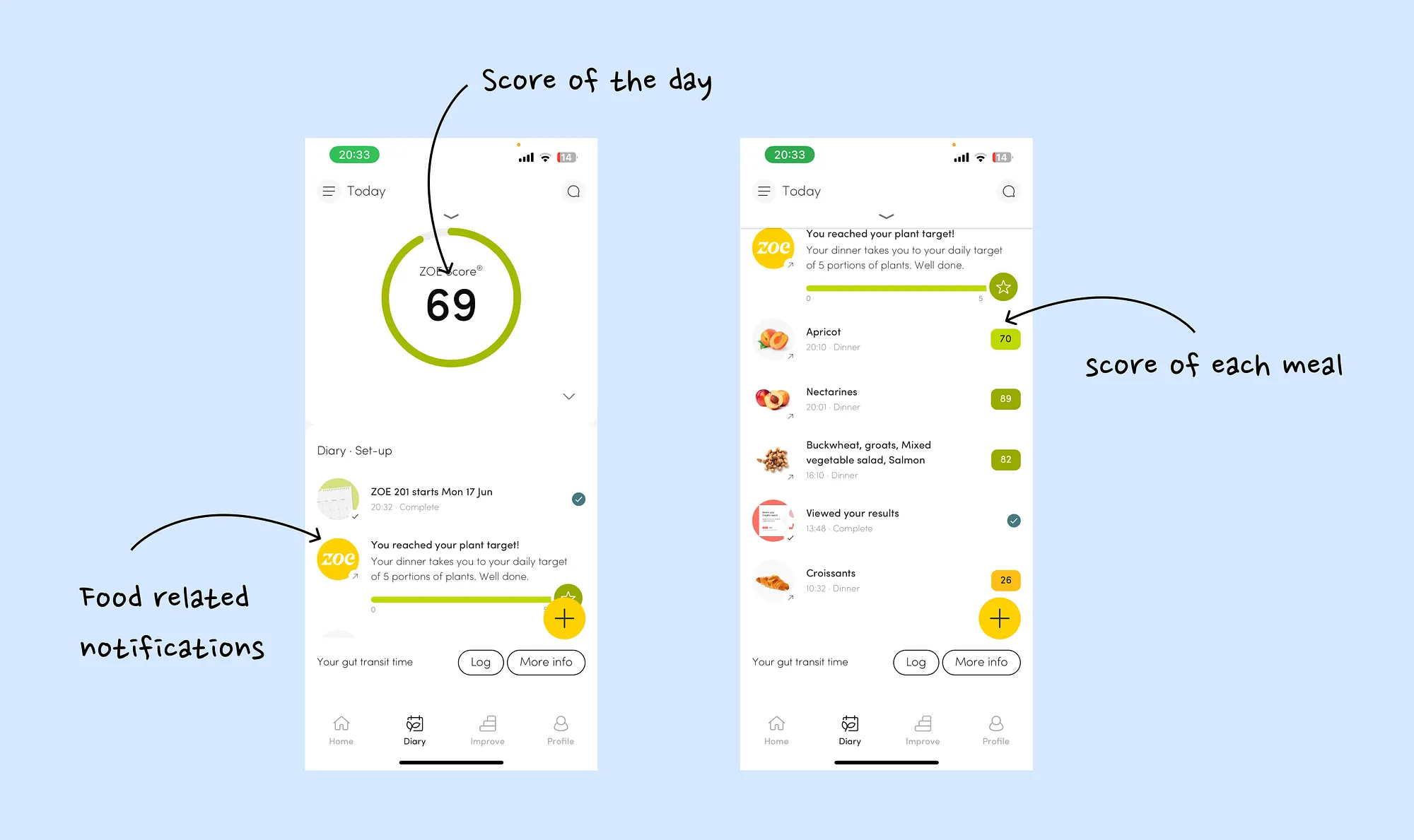 Zoe daily and weekly score view showing feedback over time